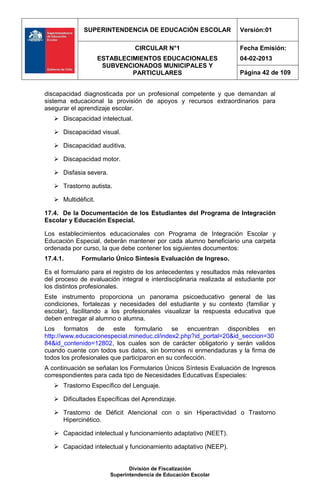 SUPERINTENDENCIA DE EDUCACIÓN ESCOLAR                   Versión:01

                                 CIRCULAR N°1                         Fecha Emisión:
                     ESTABLECIMIENTOS EDUCACIONALES                   04-02-2013
                      SUBVENCIONADOS MUNICIPALES Y
                              PARTICULARES                            Página 42 de 109


discapacidad diagnosticada por un profesional competente y que demandan al
sistema educacional la provisión de apoyos y recursos extraordinarios para
asegurar el aprendizaje escolar.
    Discapacidad intelectual.

    Discapacidad visual.

    Discapacidad auditiva.

    Discapacidad motor.

    Disfasia severa.

    Trastorno autista.

    Multidéficit.

17.4. De la Documentación de los Estudiantes del Programa de Integración
Escolar y Educación Especial.

Los establecimientos educacionales con Programa de Integración Escolar y
Educación Especial, deberán mantener por cada alumno beneficiario una carpeta
ordenada por curso, la que debe contener los siguientes documentos:
17.4.1.      Formulario Único Síntesis Evaluación de Ingreso.

Es el formulario para el registro de los antecedentes y resultados más relevantes
del proceso de evaluación integral e interdisciplinaria realizada al estudiante por
los distintos profesionales.
Este instrumento proporciona un panorama psicoeducativo general de las
condiciones, fortalezas y necesidades del estudiante y su contexto (familiar y
escolar), facilitando a los profesionales visualizar la respuesta educativa que
deben entregar al alumno o alumna.
Los formatos de este formulario se encuentran disponibles en
http://www.educacionespecial.mineduc.cl/index2.php?id_portal=20&id_seccion=30
84&id_contenido=12802, los cuales son de carácter obligatorio y serán validos
cuando cuente con todos sus datos, sin borrones ni enmendaduras y la firma de
todos los profesionales que participaron en su confección.
A continuación se señalan los Formularios Únicos Síntesis Evaluación de Ingresos
correspondientes para cada tipo de Necesidades Educativas Especiales:
    Trastorno Específico del Lenguaje.

    Dificultades Específicas del Aprendizaje.

    Trastorno de Déficit Atencional con o sin Hiperactividad o Trastorno
     Hipercinético.

    Capacidad intelectual y funcionamiento adaptativo (NEET).

    Capacidad intelectual y funcionamiento adaptativo (NEEP).


                               División de Fiscalización
                        Superintendencia de Educación Escolar
 