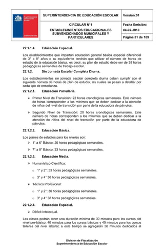 SUPERINTENDENCIA DE EDUCACIÓN ESCOLAR                 Versión:01

                                CIRCULAR N°1                        Fecha Emisión:
                   ESTABLECIMIENTOS EDUCACIONALES                   04-02-2013
                    SUBVENCIONADOS MUNICIPALES Y
                            PARTICULARES                            Página 51 de 109


22.1.1.4.    Educación Especial.

Los establecimientos que impartan educación general básica especial diferencial
de 3° a 8° años o su equivalente tendrán que utilizar el número de horas de
estudio de la educación básica, es decir, su plan de estudio debe ser de 38 horas
pedagógicas semanales de trabajo escolar.
22.1.2.      Sin Jornada Escolar Completa Diurna.

Los establecimientos sin jornada escolar completa diurna deben cumplir con el
siguiente número de horas de plan de estudio, las cuales se pasan a detallar por
cada tipo de enseñanza.
22.1.2.1.    Educación Parvularia.

    Primer Nivel de Transición: 22 horas cronológicas semanales. Este número
     de horas corresponden a los mínimos que se deben dedicar a la atención
     de niños del nivel de transición por parte de la educadora de párvulos.

    Segundo Nivel de Transición: 20 horas cronológicas semanales. Este
     número de horas corresponden a los mínimos que se deben dedicar a la
     atención de niños del nivel de transición por parte de la educadora de
     párvulos.

22.1.2.2.    Educación Básica.

Los planes de estudios para los niveles son:
    1° a 6° Básico: 30 horas pedagógicas semanales.

    7° a 8° Básico: 33 horas pedagógicas semanales.

22.1.2.3.    Educación Media.

    Humanístico-Científica:

      o 1° y 2°: 33 horas pedagógicas semanales.

      o 3° y 4° 36 horas pedagógicas semanales.

    Técnico Profesional:

      o 1° y 2°: 36 horas pedagógicas semanales.

      o 3° y 4° 38 horas pedagógicas semanales.

22.1.2.4.    Educación Especial.

    Déficit Intelectual.

Las clases podrán tener una duración mínima de 30 minutos para los cursos del
nivel pre-básico, 40 minutos para los cursos básicos y 40 minutos para los cursos
talleres del nivel laboral; a este tiempo se agregarán 30 minutos dedicados al



                              División de Fiscalización
                       Superintendencia de Educación Escolar
 
