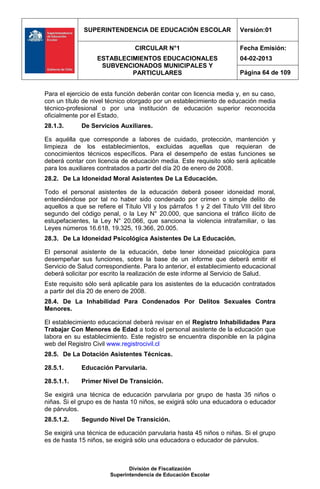 SUPERINTENDENCIA DE EDUCACIÓN ESCOLAR                     Versión:01

                                 CIRCULAR N°1                           Fecha Emisión:
                   ESTABLECIMIENTOS EDUCACIONALES                       04-02-2013
                    SUBVENCIONADOS MUNICIPALES Y
                            PARTICULARES                                Página 64 de 109


Para el ejercicio de esta función deberán contar con licencia media y, en su caso,
con un título de nivel técnico otorgado por un establecimiento de educación media
técnico-profesional o por una institución de educación superior reconocida
oficialmente por el Estado.
28.1.3.      De Servicios Auxiliares.

Es aquélla que corresponde a labores de cuidado, protección, mantención y
limpieza de los establecimientos, excluidas aquellas que requieran de
conocimientos técnicos específicos. Para el desempeño de estas funciones se
deberá contar con licencia de educación media. Este requisito sólo será aplicable
para los auxiliares contratados a partir del día 20 de enero de 2008.
28.2. De La Idoneidad Moral Asistentes De La Educación.

Todo el personal asistentes de la educación deberá poseer idoneidad moral,
entendiéndose por tal no haber sido condenado por crimen o simple delito de
aquellos a que se refiere el Título VII y los párrafos 1 y 2 del Título VIII del libro
segundo del código penal, o la Ley N° 20.000, que sanciona el tráfico ilícito de
estupefacientes, la Ley N° 20.066, que sanciona la violencia intrafamiliar, o las
Leyes números 16.618, 19.325, 19.366, 20.005.
28.3. De La Idoneidad Psicológica Asistentes De La Educación.

El personal asistente de la educación, debe tener idoneidad psicológica para
desempeñar sus funciones, sobre la base de un informe que deberá emitir el
Servicio de Salud correspondiente. Para lo anterior, el establecimiento educacional
deberá solicitar por escrito la realización de este informe al Servicio de Salud.
Este requisito sólo será aplicable para los asistentes de la educación contratados
a partir del día 20 de enero de 2008.
28.4. De La Inhabilidad Para Condenados Por Delitos Sexuales Contra
Menores.

El establecimiento educacional deberá revisar en el Registro Inhabilidades Para
Trabajar Con Menores de Edad a todo el personal asistente de la educación que
labora en su establecimiento. Este registro se encuentra disponible en la página
web del Registro Civil www.registrocivil.cl
28.5. De La Dotación Asistentes Técnicas.

28.5.1.      Educación Parvularia.

28.5.1.1.    Primer Nivel De Transición.

Se exigirá una técnica de educación parvularia por grupo de hasta 35 niños o
niñas. Si el grupo es de hasta 10 niños, se exigirá sólo una educadora o educador
de párvulos.
28.5.1.2.    Segundo Nivel De Transición.

Se exigirá una técnica de educación parvularia hasta 45 niños o niñas. Si el grupo
es de hasta 15 niños, se exigirá sólo una educadora o educador de párvulos.



                               División de Fiscalización
                        Superintendencia de Educación Escolar
 