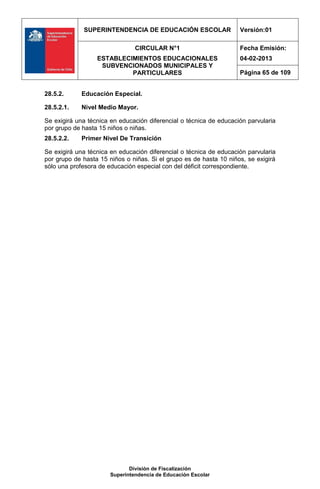SUPERINTENDENCIA DE EDUCACIÓN ESCOLAR                  Versión:01

                                CIRCULAR N°1                        Fecha Emisión:
                  ESTABLECIMIENTOS EDUCACIONALES                    04-02-2013
                   SUBVENCIONADOS MUNICIPALES Y
                           PARTICULARES                             Página 65 de 109


28.5.2.     Educación Especial.

28.5.2.1.   Nivel Medio Mayor.

Se exigirá una técnica en educación diferencial o técnica de educación parvularia
por grupo de hasta 15 niños o niñas.
28.5.2.2.   Primer Nivel De Transición

Se exigirá una técnica en educación diferencial o técnica de educación parvularia
por grupo de hasta 15 niños o niñas. Si el grupo es de hasta 10 niños, se exigirá
sólo una profesora de educación especial con del déficit correspondiente.




                              División de Fiscalización
                       Superintendencia de Educación Escolar
 