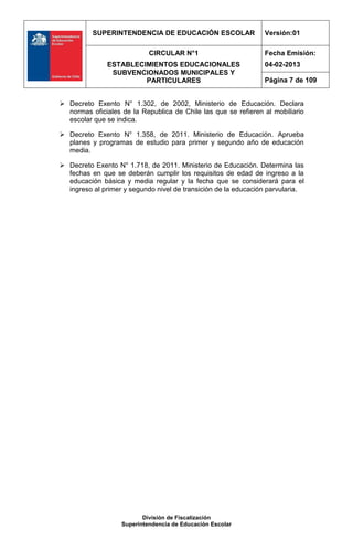 SUPERINTENDENCIA DE EDUCACIÓN ESCOLAR                 Versión:01

                            CIRCULAR N°1                        Fecha Emisión:
               ESTABLECIMIENTOS EDUCACIONALES                   04-02-2013
                SUBVENCIONADOS MUNICIPALES Y
                        PARTICULARES                            Página 7 de 109


 Decreto Exento N° 1.302, de 2002, Ministerio de Educación. Declara
  normas oficiales de la Republica de Chile las que se refieren al mobiliario
  escolar que se indica.

 Decreto Exento N° 1.358, de 2011. Ministerio de Educación. Aprueba
  planes y programas de estudio para primer y segundo año de educación
  media.

 Decreto Exento N° 1.718, de 2011. Ministerio de Educación. Determina las
  fechas en que se deberán cumplir los requisitos de edad de ingreso a la
  educación básica y media regular y la fecha que se considerará para el
  ingreso al primer y segundo nivel de transición de la educación parvularia.




                          División de Fiscalización
                   Superintendencia de Educación Escolar
 