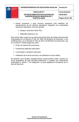 SUPERINTENDENCIA DE EDUCACIÓN ESCOLAR                   Versión:01

                                 CIRCULAR N°1                         Fecha Emisión:
                   ESTABLECIMIENTOS EDUCACIONALES                     04-02-2013
                    SUBVENCIONADOS MUNICIPALES Y
                            PARTICULARES                              Página 95 de 109


    Poseer accesorios y otros recursos necesarios para satisfacer los
     requerimientos de los distintos estudiantes integrados con necesidades
     educativas especiales, como por ejemplo:

             Espejos, lavamanos (Solo TEL).

             Materiales didácticos, etc.

Este recinto debe cumplir con la norma para planta física de locales educacionales
contemplados en el Decreto Nº 548, de 1988, del Ministerio de Educación, y sus
modificaciones y en el Decreto N° 393, de 2010, del Ministerio de Educación, que
en su artículo 7 señala exigencias sobre:
    El tipo de material de la estructura.

    Condiciones higiénicas adecuadas.

    Luminosidad y ventilación adecuada.

    Instalación de la red de servicios y los artefactos en buen estado.

No obstante, para aquellos establecimientos educacionales rurales, ubicados en
zonas geográficas de baja densidad poblacional, o aquellos que implementen
únicamente la “opción 1” de integración, no será obligatoria la existencia de un
Aula de Recursos.




                               División de Fiscalización
                        Superintendencia de Educación Escolar
 