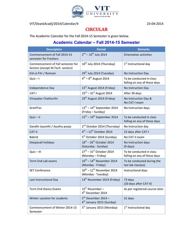 Circular on academic calendar for fall 20142015 semester VIT PDF