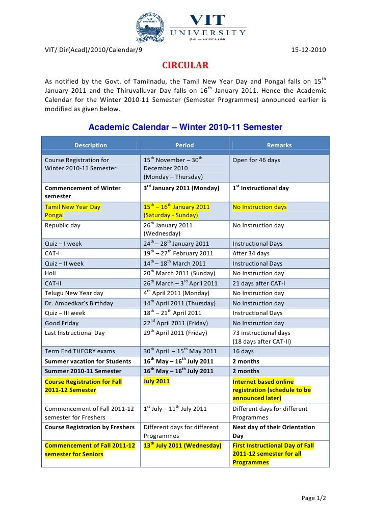 Circular on academic calendar for winter 2010 11 semester (modified)