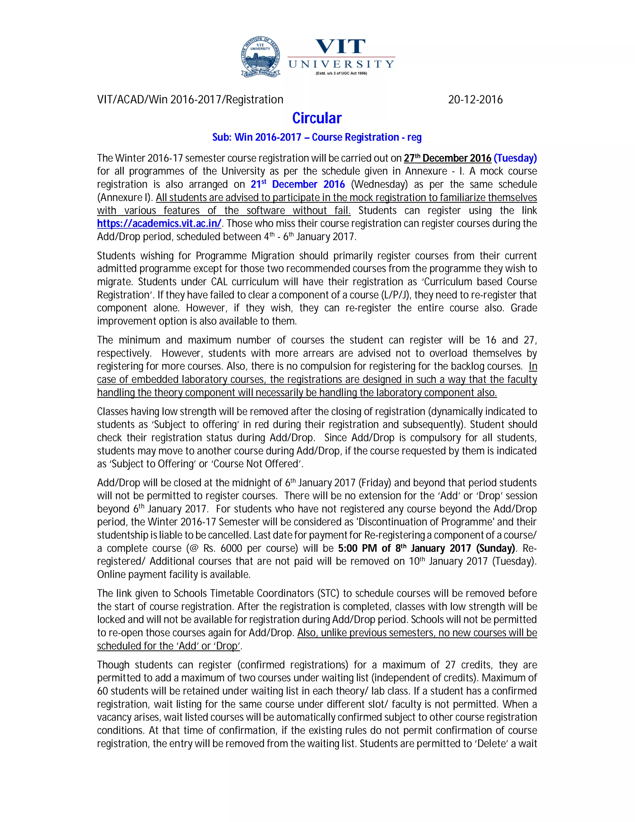 Circular on winter sem 2016 2017 course registrations PDF