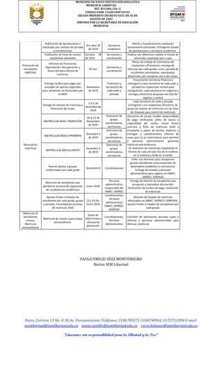 MUNICIPIO DE PASTO INSTITUCIÓN EDUCATIVA
MUNICIPAL LIBERTAD
NIT. 814.006.334.-5
CODIGO DANE 152001000769-01
CREADA MEDIANTE DECRETO 0351 DE 26 DE
AGOSTO DE 2003
EMITIDA POR LA SECRETARIA DE EDUCACIÓN
MUNICIPAL
Pasto, Carrera 13 No. 8-30 Av. Panamericana Teléfonos: 3186789572-3168740962-3173712898 E-mail:
iemlibertad@iemlibertad.edu.co sonia.castillo@iemlibertad.edu.co rocio.bolanos@iemlibertad.edu.co
“Educamos con responsabilidad para la Libertad y la Paz”
Publicación de aprobaciones a
solicitudes por cambios de jornada
y transferencias
Oct ubre 28
de 2019
Secretaria
académica
Rector y Coordinaciones analizarán
previamente solicitudes. Entregarán listado
de aprobaciones a secretaría académica .
Publicación de listas de nuevos
estudiantes admitidos
Octubre 28
de 2019
Secretarías y
coordinación
Publicar por diferentes medios el listado de
solicitudes aceptadas para cupo,
Promoción de
estudiantes
LIBERTAD.
Informes de Promoción,
Reprobación, Recuperación y
Deserción para efectos de
matrícula.
29 nov.
Secretarias y
coordinación
Mesas de trabajo de Comisiones de
Evaluación y Promoción; entrega de
informes por cada grado, curso, jornada de
estudiantes promovidos, reprobados,
desertores, por recuperar una o dos áreas.
Renovación
matricula
Entrega recibos para pagos por
concepto de aportes especiales
para proyectos no financiados por
el MEN
Noviembre
de 2019
Financiera y
secretarías de
cada sede y
jornada
Previamente secretaría financiera
entregará a cada secretaría de cada sede y
jornada los respectivos recibos para
consignación, cada secretaría los organiza y
entrega a directores de grupo con lista de
registro y control
Entrega de tarjetas de matrícula a
Directores de Grupo
2 al 5 de
diciembre de
2019
Cada secretaría de sede y jornada
entregarán a los respectivos directores de
grupo las tarjetas de matrícula con las listas
de chequeo para control de matrícula.
MATRÍCULAS NIVEL TRANSICIÓN
18 al 22 de
Noviembre
de 2019
Directores de
grupo,
coordinadores,
secretarías
Directores de Grupo reciben desprendibles
de pago verificando sellos de banco y
originalidad del recibo, hacen firmar
contrato y ficha de matrícula 2020 a
estudiante y padre de familia, elaboran y
entregan a coordinaciones informe de
casos que no se matricularon para permitir
a personal administrativo gestionar
matrícula extraordinaria.
Se realizarán las matrículas respetando el
horario de cada jornada (los de la mañana
en la mañana y tarde en la tarde)
MATRICULAS BÁSICA PRIMARIA
Diciembre 4
de 2019
Directores de
grupo,
coordinadores,
secretarías
MATRICULAS BACHILLERATO
Diciembre 5
de 2019
Directores de
grupo,
coordinadores,
secretarías
Nuevos ajustes a grupos
conformados por cada grado
Diciembre 6 Coordinaciones
Taller con docentes para reorganizar
grupos atendiendo casos especiales de
desempeño académico y convivencia.
Entrega de listados a personal
administrativo para registro en SIMAT,
SAPRED, SIMPADE
Matrícula de estudiantes que
aprobaron proceso de superación
de insuficiencias académicas
Enero 2020
Personal
administrativo
responsable del
SIMAT, SAPRED
Entrega de informe de estudiantes que
recuperan y reprueban año escolar.
Verificación de recibos de pago, realización
de matrícula.
Ajustes finales a listados de
estudiantes por cada grado, grupo
y jornada. Consolidación proceso
de matrícula 2020
13 y 14 Dic.
Enero 2020
Coordinaciones,
Personal
administrativo
SIMAT, SAPRED,
SIMPADE
Revisión de listados de matrícula
efectuados en SIMAT, SAPRED Y SIMPADE;
ajustes finales a listados de estudiantes por
cada grupo.
Matricula de
estudiantes
nuevos.
Matrícula
extraordinaria
Matrícula de nuevos cupos etapa
extraordinaria.
Enero de
2020 Primera
semana de
planeación
Coordinaciones,
Personal
Administrativo
Comisión de admisiones aprueba cupos e
informa a personal administrativo para
efectuar matrícula.
PAULO EMILIO DÍAZ MONTENEGRO
Rector IEM Libertad
 