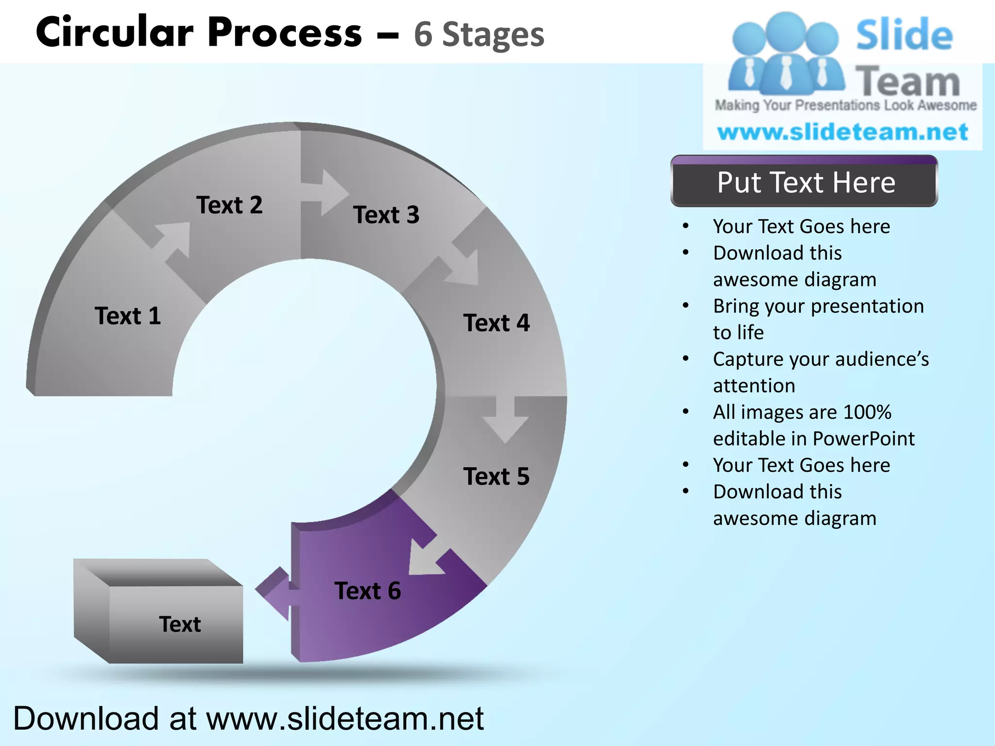 Circular Process – 6 Stages


                                              Put Text Here
              Text 2    Text 3            •   Your Text Goes here
                                          •   Download this
                                              awesome diagram
                                          •   Bring your presentation
     Text 1                      Text 4       to life
                                          •   Capture your audience’s
                                              attention
                                          •   All images are 100%
                                              editable in PowerPoint
                                          •   Your Text Goes here
                                 Text 5   •   Download this
                                              awesome diagram


                       Text 6
          Text


Download at www.slideteam.net
 