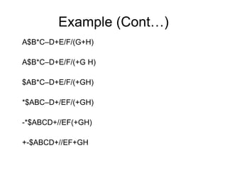Example (Cont…) A$B*C–D+E/F/(G+H) A$B*C–D+E/F/(+G H) $AB*C–D+E/F/(+GH) *$ABC–D+/EF/(+GH) -*$ABCD+//EF(+GH) +-$ABCD+//EF+GH 