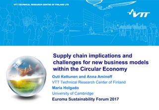 VTT TECHNICAL RESEARCH CENTRE OF FINLAND LTD
Supply chain implications and
challenges for new business models
within the Circular Economy
Outi Kettunen and Anna Aminoff
VTT Technical Research Center of Finland
Maria Holgado
University of Cambridge
Euroma Sustainability Forum 2017
 