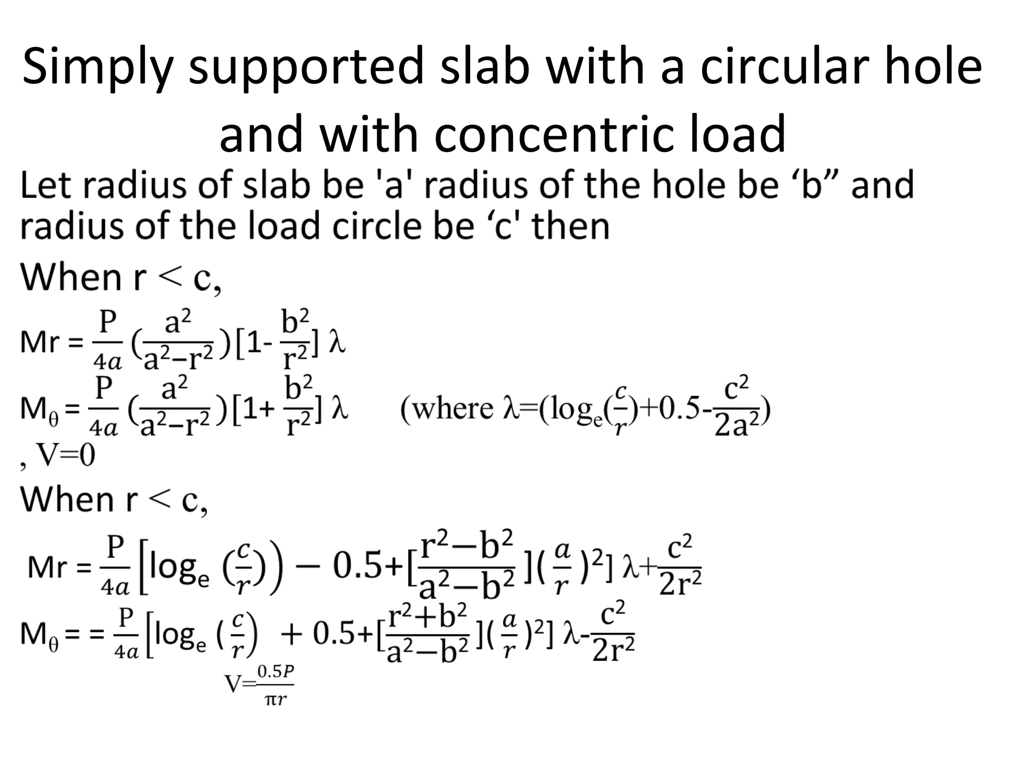 Simply supported slab with a circular hole
and with concentric load
 