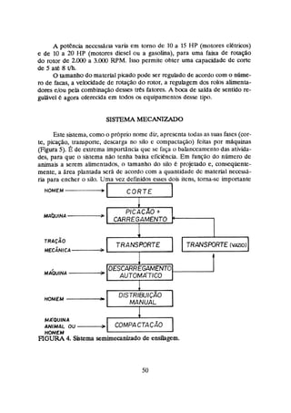 A potencia necessária varia em tomo de 10 a 15 HP (motores elétricos)
e de 10 a 20 HP (motores diesel ou a gasolina), para uma faixa de rotação
do ralar de 2.000 a 3.W RPM. Isso permite obter uma capacidade de corte
de 5 até 8 tlh.
O tamanho do material picado pode ser regulado de acordo com s niime-
ro de facas, a velocidade de rotação do rator, a regulagern dos robs ahenta-
dares e/au pela combinação desses três fatores. A boca de saída de sentido re-
guiável é agora oferecida em todas os equipamentos desse tipo.
Este sistema, como o prhpritr nome diz, apresenta ttdas as suas fases (cor-
te, picação, transporte, descarga no silo e cumpactaçáo) feitas por máquinas
(Figura 5). Éde extrema importAncia que se faça o bahnaamento das arivida-
des, para que o sistema não tenha baixa eficiéncia. Em função do nBmero de
animais a serem alimentados, n tamanho do suo é projetado e, coasequente-
mente, a ãrea plantada serA de acordo com a quantidade de material nece';sA-
r
i
a para encher o silo. Uma vez definidos esses dois itens, torna-sc importante
I I
HOMEM - C O R T E
I
PICAÇAO+
CARREGAMENTO
OESCARREGAMEIVTO
'
"
u
m
" I AUTOMA'TICO
HOMEM -p
$
$
õ

M A'QUINA
aNiMnL ou -
HOMEM
FIGURA 4. Sistema semimecanizado de easilagem.
 