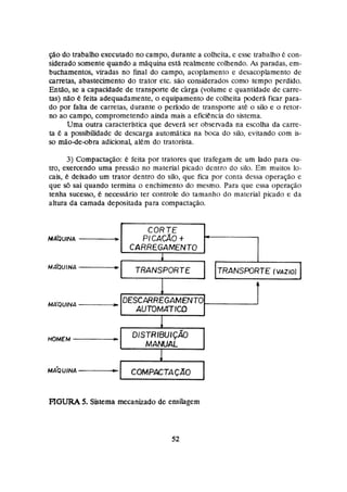 ção do trabalho executado no campo, durante a colheita,e essc trabaho k con-
siderado somente quando a maquina está rcairnente colhendo. As paradas, em-
buchamentos, viradas no final do campa, acoplamento e dcsacopiamento de
carretas, abastecimento da natot etc. são considerados coma tempo perdido.
Então, se a capacidade de transporte de cárga (volume e quantidade de carre-
tas) não e feita adequadamente, o equipamento de colheita poder&ficar para-
do por falta de carretas, durante o período de transporte ate o silo e o retor-
no ao campo, comprometendo ainda mais a eficiência d o sistema.
Uma outra característica que devera ser observada na escolha da carne-
ta & a possibilidade de descarga automhtica na boca do silo, evitando com is-
so mãode-obra adicional, alem do tratorista,
3) Compactqão: 6 feita por tratores que trafegam de um lado para ou-
tro, exercendo uma pressão no material picado dcntro do silo. Em muitos 1
0
-
cais, & deixado um trator dentro da siia, que fica por conta dessa operapo e
que $6 sai quando termina o enchimento do mesmo. Para que cssa operago
tenha sucesso, k necessario ter controle do tamanho da matcrial picado e da
altura da camada depositada para compactação.
CORTE
MA'QUINA - PICAÇAO+
CARREGAMENTO
u b g u i w A - - - ~ ~
TRANSPORTE I
TRANSPORTE (VAZIO)
HOMEM DISTRIBUIÇÃO
4
M A ~ ~ ~ N A I COMPACTACAO I
MA'QUINA -
FiOURA 5. Sistema mecanizado de ensilagem
DESCARREGAMENTO,
AU70MiXTSCI
 