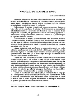 O usa de süagem tem sido uma alternativa cada vez mais difundida pa-
ra suprir as deficiencias de alimentação de ruminantes na seca. Alguns fatores
podem afetar a qualidade da silagem, desde a escolha da espécie e cultivar a
ser ensilada até o prbprio processo de ensilagem.
Independente da espécie ou cultivar, t comum se encontrar sihgem de
baixovalor nutritivo, resultante da interação de fatores mmo: a) material ensi-
Iado de baka qualidade e com baixo teor de matéria seca; b) processos de cn-
silagem não adequados, em geral excessnlamenie demorados; c) pdticas de
conservação e vedago ineficicntes, permitindo a entrada de as, chwas e águas
de superíicie na massa ensilada.
Em se tratando de sorgo, a escolha da cultivar pode determinar,também,
a qualidade nutritiva da silagem. A opção mais rtyomendada aos produtores
tem sidoo usode cultivaresdenominadas forrageiras.Caracterizam-se por apre-
sentarem plantas vigorosas, com grande capacidade dc pnldupo de hiomassa,
com altura entre 2 e 4m.
Alguns produtores mais tecnificados, na entanio, tem optado por ensilar
cultivares granfferas, cujo porte varia de 1,W a 1,6(h, com panjcuhs bem dc-
senvafvidas e grZios de tamanha maior. Geralmente essas çultivarcs granífcras
apresentam cicio mais curto que os demais tipos d e sorgo, podendo ser ensih-
das aos 100-105dias do ciçb da cultura.
Apesar de essas cultivares produzirem quantidades consideravelmente
menores de materia seca por hectare, o valor nutritivo de sua siiagem bem
superiorao de silagens dm chamados sorgos forrageh de porte alto. As sih-
gens de &!plumascultivaresgraniferasque possuem um teor de tanino mais.ek-
vado (sorgos antipharo) podem apresentar unia reduçáo na digestibilidade
da fração pmtéica. Alguns estudos com silagens feitasa partu dessas culúvares
mostram, no entanto, que nao h&aberações significativas na digeshiilidade
da fraga amido e no desempenha de animais em engorda.
A
s
s
i
m
,de acordo lom essas informaçW, a remrnendação de sotgo pa-
ra a ensilagem deve prever s usa de cultivares de prte mediano-baixo, evitan-
do materiais excessivamente altos. Além disso, devem assumir entre 40e 50+%
da materia sem na forma de grilos, no momento da ensilagem, na tentativa
de garantir qualidade e consumo ao material ensilado.
'Eng- Ap., T
b
m
i
e
o em Pciquia - ESALQ, CIKn Poirsl9. CEP 13400Pb&aba, SP.
 