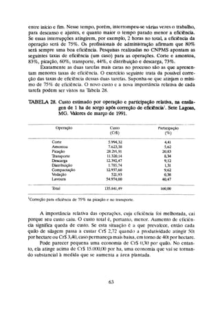 entre inicia e fim,Nesse tempo, porem, interrompeu-se várias vezes o trabalho,
para descansa e ajustes, e quanto maior o tempo parado menor a eficihcia.
Se essas interrupções atingirem, por exemplo, 2 horas no total a eficiencia da
operação ser&de 75% O
s profissionais de adrninistraça;~
afirmam que 80%
seta sempre uma boa eficiencia. Pesquisas realizadas no CNPMS apontam as
seguintes taxas de eficihcia (um caso) para as operaws. Corte e amontoa,
83%, picação, 60%, transporte, 44%, e di%tribuIção
e desçarga, 73%.
Exatamente as duas tarefas mais caras no processo sga as que apresen-
tam menores taxas de eficiCncia. O exercício seguinte irata da possível corre-
ção das taxas de eficiencia dessas duas tarefas. Suponha-se quc atinjam o mhi-
mo de 75% de cficiencia. O novo custo e a nova importilncia relativa de cada
tarefa podem ser vistos na Tmbcla 28.
'I'ABEIA 28. Custo estimado por operação e participação rielalha, na ensila-
gen de 1 ha de sorgo ap6s m @ o de eMacial.Sete Lagoas,
MG.W r e s de março de 1991.
- + --
Operação Custo Participa@~
ICfiP I"/.$
Corte
Amontoa
Pica@
%nsporie
Descarga
Distribuição
Lornpactação
Vedação
Lavoura
' ~ o m ç ã o
para eficiencia de 75% na picação e no mnsporie.
A importfincia relativa das operagões. cuja eficiencia foi melhorada, cai
porque seu custo caiu. O custo iolal é, porianio, menor. Aumcliro de cficicn-
cia significa queda de custo. S
e eqta si2uaçãcn 6 a que prevalcce, então cada
quilo de silagem passa a custar Cr$ 2,72 quando a produlividadc atingir 501
porhectareou Cr$3,40,caso permaneça mais baixa, cm tomo de 4Ot por hectare.
Pode parecer pequena uma economia de 0%;
0,30 por quilo. No cntan-
to, ela atinge acima de Cr$ lS.(NH),(W) por ha, uma cconomia que vai se tornan-
do substancial h medida que se aumenta a :isca plantada.
 