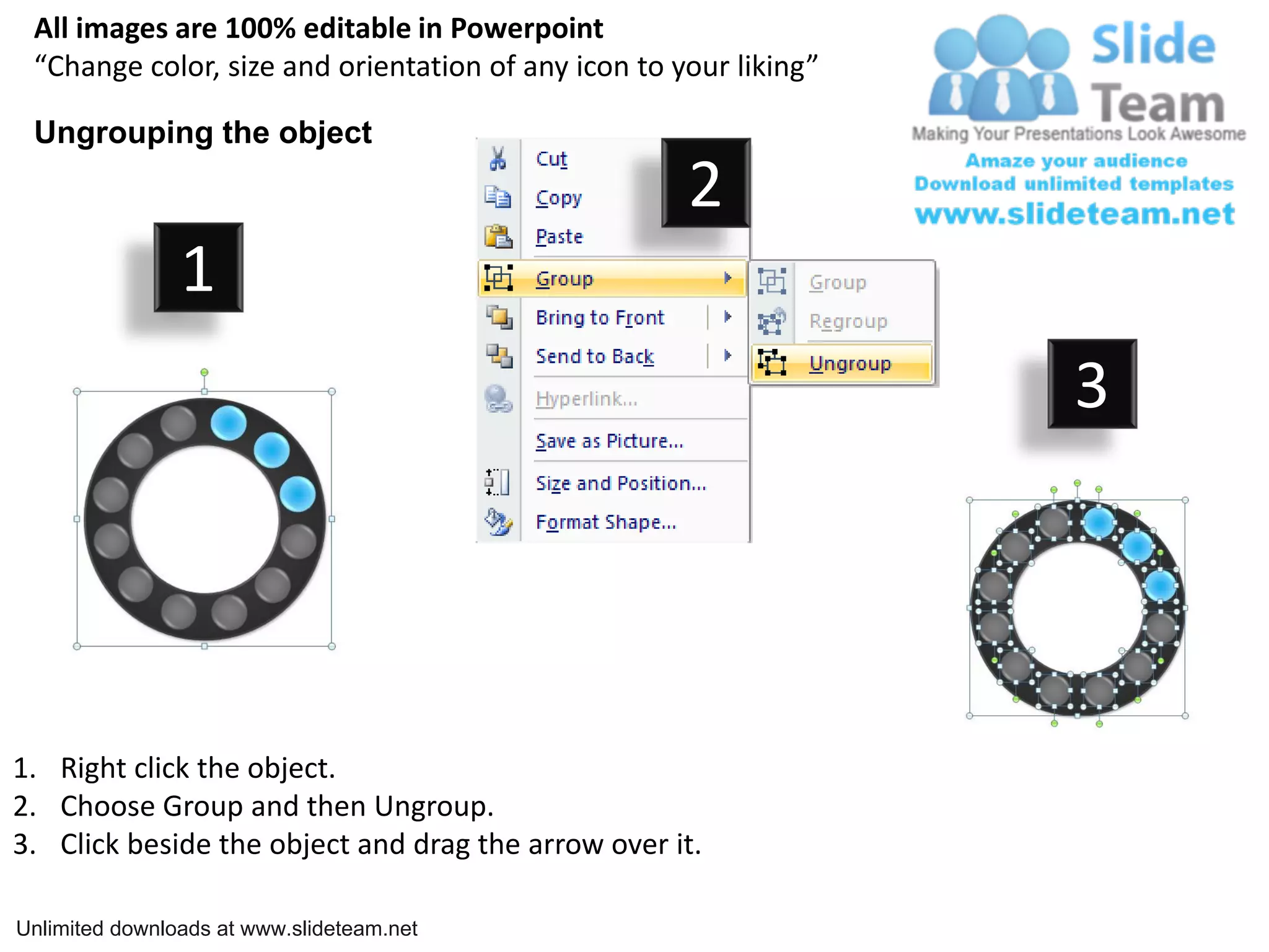 All images are 100% editable in Powerpoint
“Change color, size and orientation of any icon to your liking”
Ungrouping the object
2
1
3
1. Right click the object.
2. Choose Group and then Ungroup.
3. Click beside the object and drag the arrow over it.
Unlimited downloads at www.slideteam.net
