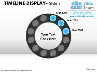 TIMELINE DISPLAY– Style 3
                                                   Year 2000

                                                           Year 2001


                                                               Year 2002
                                           Your Text
                                           Goes Here




Unlimited downloads at www.slideteam.net
                                                                           Your logo
 