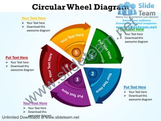 Circular Wheel Diagram
          Your Text Here
           Your Text here

                                                       e t
                                                   .n
           Download this
            awesome diagram                        Your Text Here
                                                    Your Text here



                                                 m
                                                    Download this



                                               a
                                                     awesome diagram




 Put Text Here
                                       5

                                           e
                                            1
                                             te
                                      id
  Your Text here



                                    l
  Download this                   4

                                  s
   awesome diagram



                              .
                                             2


                            w
                                       3


                   w
                                                     Put Text Here
                                                      Your Text here



                 w
                                                      Download this
                                                       awesome diagram
           Your Text Here
            Your Text here
            Download this
             awesome diagram
Unlimited Downloads at www.slideteam.net                            Your Logo
 