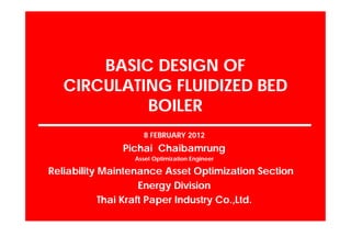 BASIC DESIGN OF
   CIRCULATING FLUIDIZED BED
            BOILER
                    8 FEBRUARY 2012
               Pichai Chaibamrung
                 Asset Optimization Engineer

Reliability Maintenance Asset Optimization Section
                     Energy Division
            Thai Kraft Paper Industry Co.,Ltd.
 