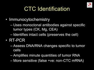 CTC Identification
• Immunocytochemistry
– Uses monoclonal antibodies against specific
tumor types (CK, Mg, CEA)
– Identifies intact cells (preserves the cell)
• RT-PCR
– Assess DNA/RNA changes specific to tumor
cells
– Amplifies minute quantities of tumor RNA
– More sensitive (false +ve: non-CTC mRNA)
 