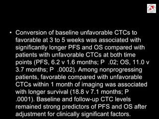 • Conversion of baseline unfavorable CTCs to
favorable at 3 to 5 weeks was associated with
signiﬁcantly longer PFS and OS compared with
patients with unfavorable CTCs at both time
points (PFS, 6.2 v 1.6 months; P .02; OS, 11.0 v
3.7 months; P .0002). Among nonprogressing
patients, favorable compared with unfavorable
CTCs within 1 month of imaging was associated
with longer survival (18.8 v 7.1 months; P
.0001). Baseline and follow-up CTC levels
remained strong predictors of PFS and OS after
adjustment for clinically signiﬁcant factors.
 