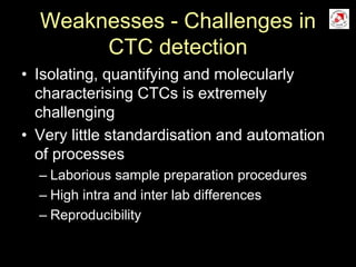 Weaknesses - Challenges in
CTC detection
• Isolating, quantifying and molecularly
characterising CTCs is extremely
challenging
• Very little standardisation and automation
of processes
– Laborious sample preparation procedures
– High intra and inter lab differences
– Reproducibility
 