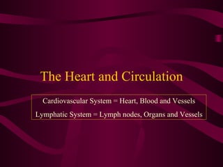 The Heart and Circulation Cardiovascular System = Heart, Blood and Vessels Lymphatic System = Lymph nodes, Organs and Vessels 