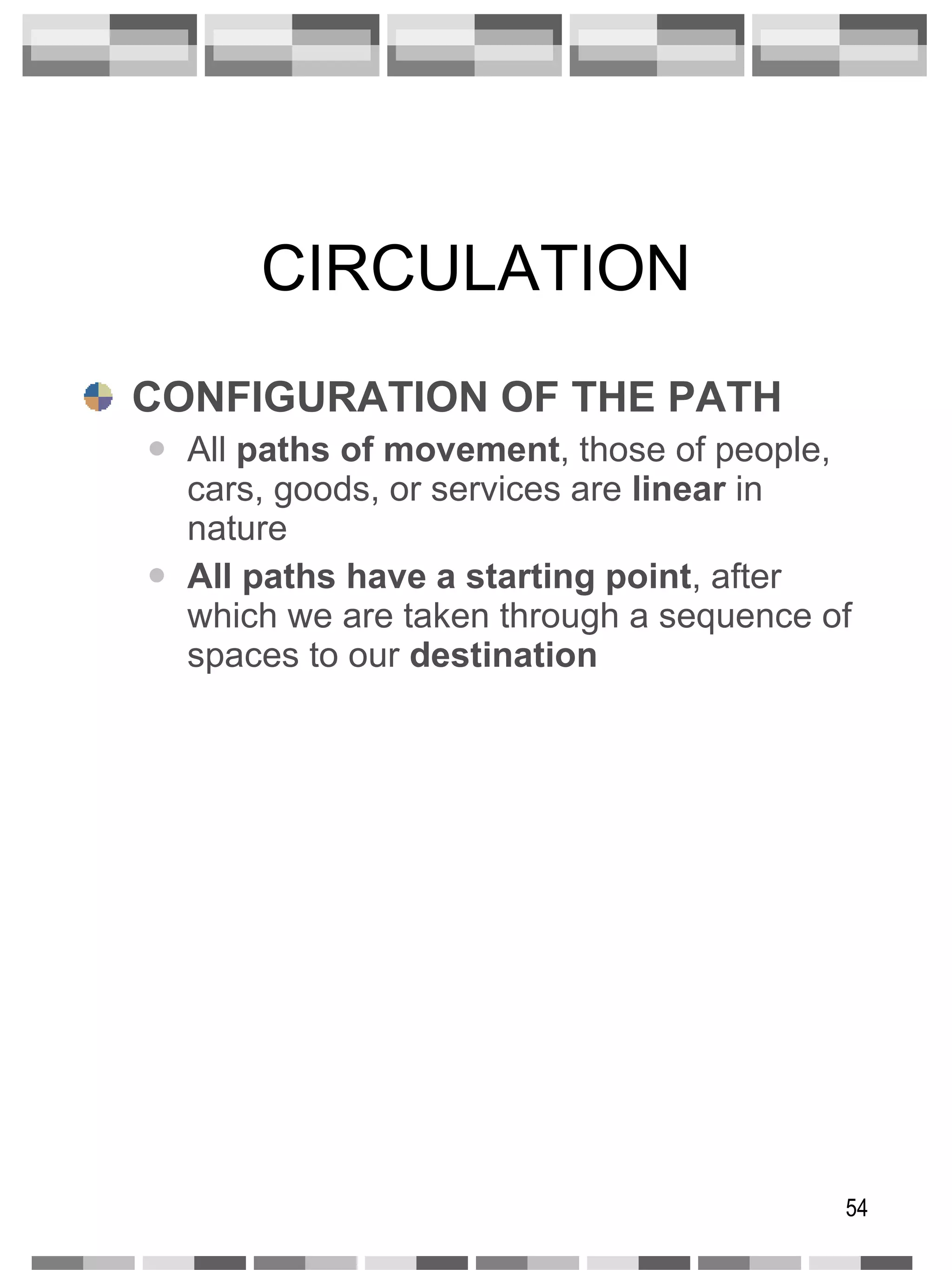 CIRCULATION CONFIGURATION OF THE PATH All  paths of movement , those of people, cars, goods, or services are  linear  in nature All paths have a starting point , after which we are taken through a sequence of spaces to our  destination 