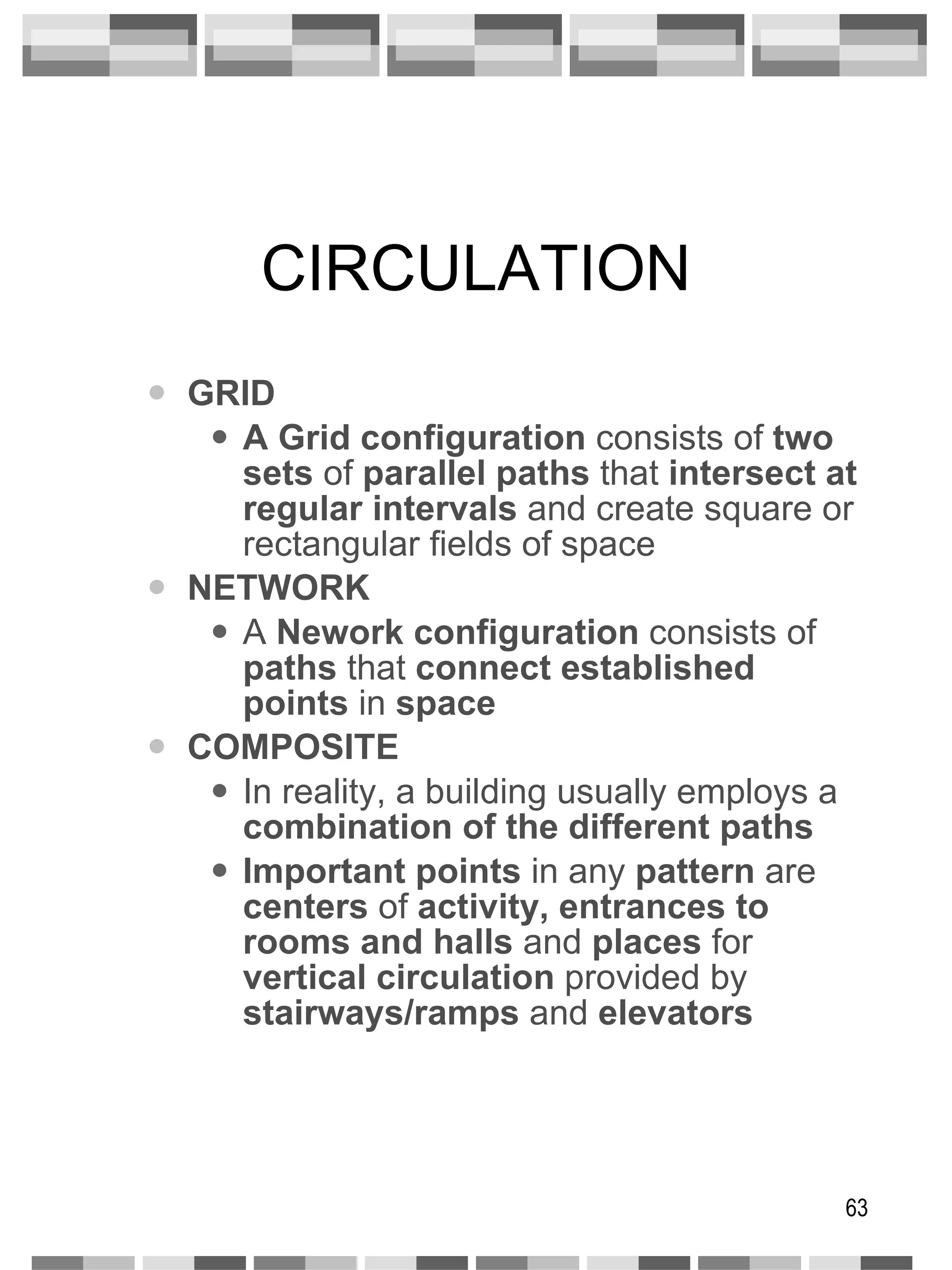 CIRCULATION GRID A Grid configuration  consists of  two sets  of  parallel paths  that  intersect at regular   intervals  and create square or rectangular fields of space NETWORK A  Nework configuration  consists of  paths  that  connect established points  in  space COMPOSITE In reality, a building usually employs a  combination of the different paths Important points  in any  pattern  are  centers  of  activity, entrances to rooms   and halls  and  places  for  vertical circulation  provided by  stairways/ramps  and  elevators 