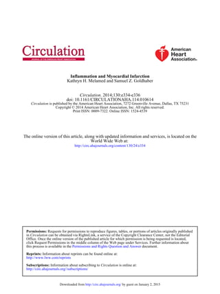 Kathryn H. Melamed and Samuel Z. Goldhaber
Inflammation and Myocardial Infarction
Print ISSN: 0009-7322. Online ISSN: 1524-4539
Copyright © 2014 American Heart Association, Inc. All rights reserved.
is published by the American Heart Association, 7272 Greenville Avenue, Dallas, TX 75231Circulation
doi: 10.1161/CIRCULATIONAHA.114.010614
2014;130:e334-e336Circulation.
http://circ.ahajournals.org/content/130/24/e334
World Wide Web at:
The online version of this article, along with updated information and services, is located on the
http://circ.ahajournals.org//subscriptions/
is online at:CirculationInformation about subscribing toSubscriptions:
http://www.lww.com/reprints
Information about reprints can be found online at:Reprints:
document.Permissions and Rights Question and Answerthis process is available in the
click Request Permissions in the middle column of the Web page under Services. Further information about
Office. Once the online version of the published article for which permission is being requested is located,
can be obtained via RightsLink, a service of the Copyright Clearance Center, not the EditorialCirculationin
Requests for permissions to reproduce figures, tables, or portions of articles originally publishedPermissions:
by guest on January 2, 2015http://circ.ahajournals.org/Downloaded from
 