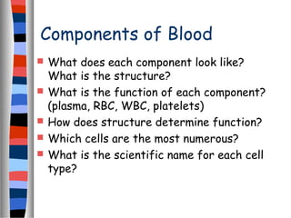 Components of Blood
 What does each component look like?
What is the structure?
 What is the function of each component?
(plasma, RBC, WBC, platelets)
 How does structure determine function?
 Which cells are the most numerous?
 What is the scientific name for each cell
type?
 