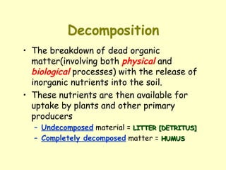 Decomposition The breakdown of dead organic matter(involving both  physical  and  biological  processes) with the release of inorganic nutrients into the soil.  These nutrients are then available for uptake by plants and other primary producers Undecomposed  material =  LITTER [DETRITUS] Completely decomposed  matter =  HUMUS 