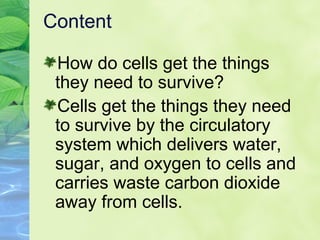Content
How do cells get the things
they need to survive?
Cells get the things they need
to survive by the circulatory
system which delivers water,
sugar, and oxygen to cells and
carries waste carbon dioxide
away from cells.
 