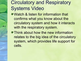 Circulatory and Respiratory
Systems Video
Watch & listen for information that
confirms what you know about the
circulatory system and how it interacts
with the respiratory system.
Think about how the new information
relates to the big idea of the circulatory
system, which provides life support for
cells.
 