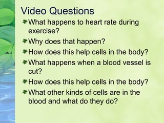 Video Questions
What happens to heart rate during
exercise?
Why does that happen?
How does this help cells in the body?
What happens when a blood vessel is
cut?
How does this help cells in the body?
What other kinds of cells are in the
blood and what do they do?
 