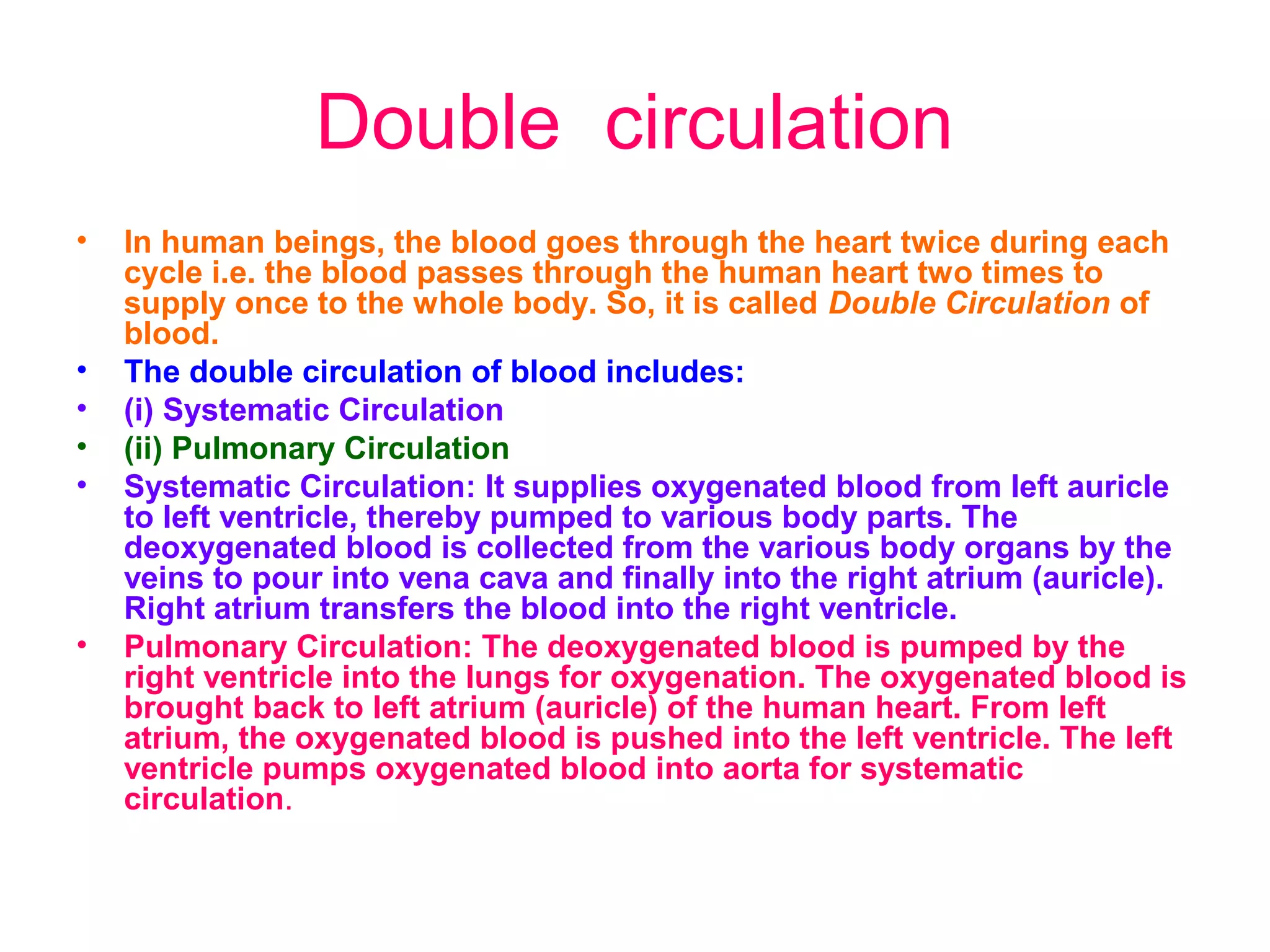 Double circulation
• In human beings, the blood goes through the heart twice during each
cycle i.e. the blood passes through the human heart two times to
supply once to the whole body. So, it is called Double Circulation of
blood.
• The double circulation of blood includes:
• (i) Systematic Circulation
• (ii) Pulmonary Circulation
• Systematic Circulation: It supplies oxygenated blood from left auricle
to left ventricle, thereby pumped to various body parts. The
deoxygenated blood is collected from the various body organs by the
veins to pour into vena cava and finally into the right atrium (auricle).
Right atrium transfers the blood into the right ventricle.
• Pulmonary Circulation: The deoxygenated blood is pumped by the
right ventricle into the lungs for oxygenation. The oxygenated blood is
brought back to left atrium (auricle) of the human heart. From left
atrium, the oxygenated blood is pushed into the left ventricle. The left
ventricle pumps oxygenated blood into aorta for systematic
circulation.
 