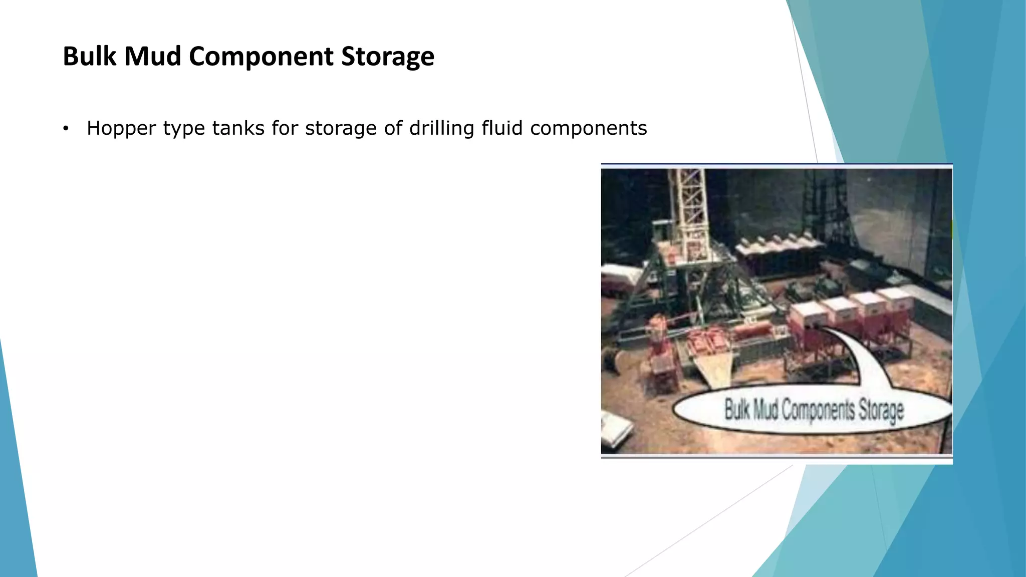 Bulk Mud Component Storage
• Hopper type tanks for storage of drilling fluid components
 