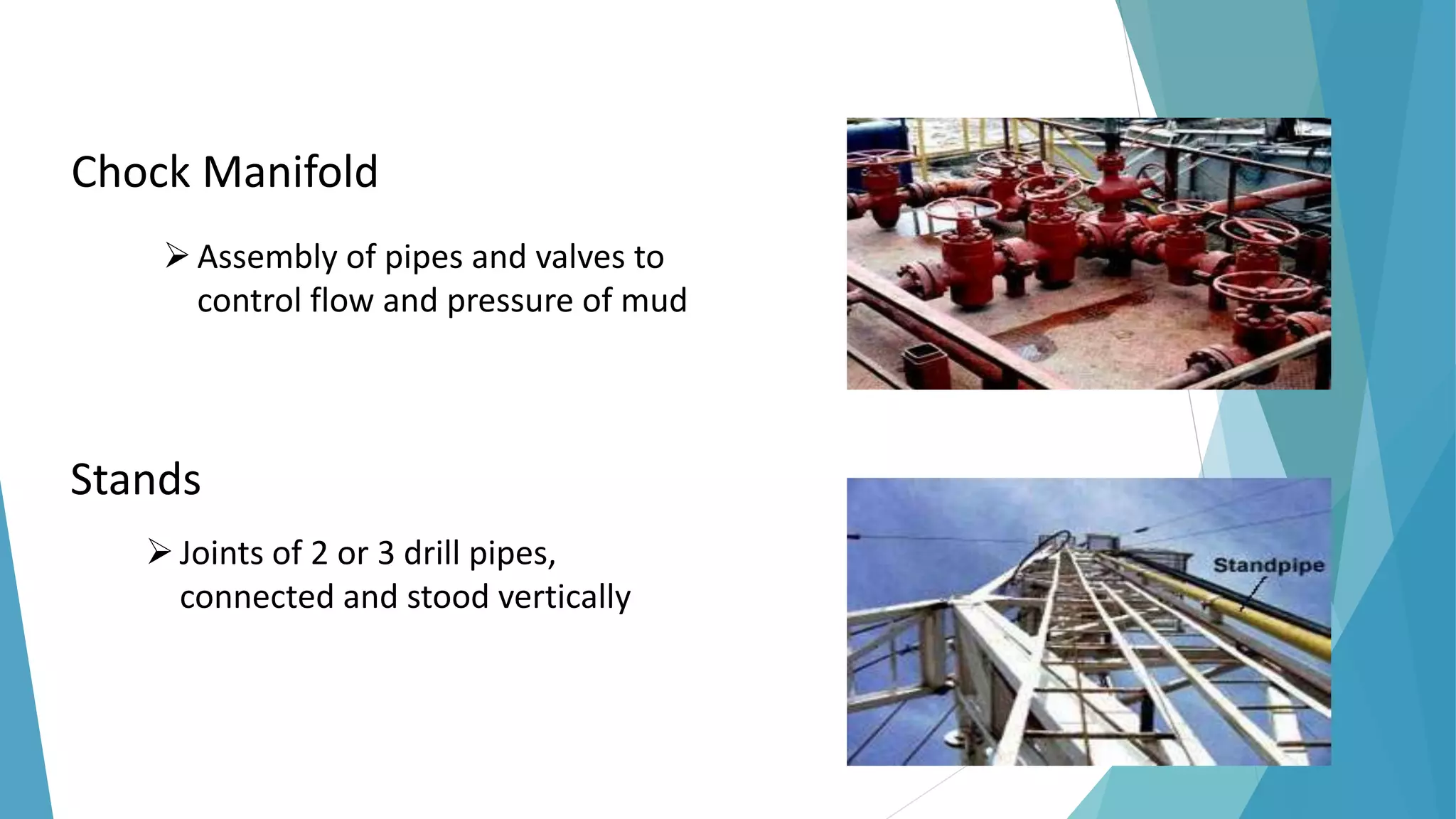 Chock Manifold
Assembly of pipes and valves to
control flow and pressure of mud
Stands
Joints of 2 or 3 drill pipes,
connected and stood vertically
 
