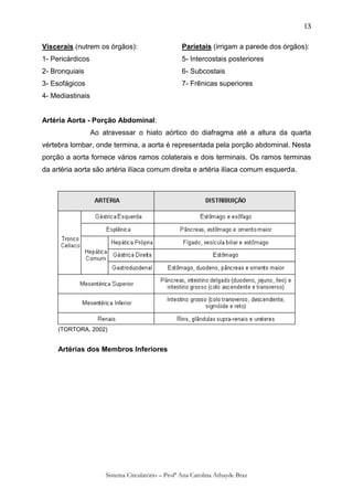 13

Viscerais (nutrem os órgãos):                      Parietais (irrigam a parede dos órgãos):
1- Pericárdicos                                    5- Intercostais posteriores
2- Bronquiais                                      6- Subcostais
3- Esofágicos                                      7- Frênicas superiores
4- Mediastinais


Artéria Aorta - Porção Abdominal:
                  Ao atravessar o hiato aórtico do diafragma até a altura da quarta
vértebra lombar, onde termina, a aorta é representada pela porção abdominal. Nesta
porção a aorta fornece vários ramos colaterais e dois terminais. Os ramos terminas
da artéria aorta são artéria ilíaca comum direita e artéria ilíaca comum esquerda.




     (TORTORA, 2002)


     Artérias dos Membros Inferiores




                      Sistema Circulatório – Profª Ana Carolina Athayde Braz
 