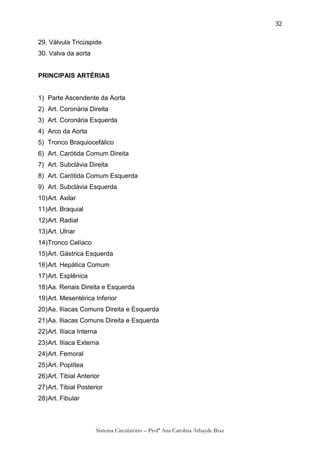 32

29. Válvula Tricúspide
30. Valva da aorta


PRINCIPAIS ARTÉRIAS


1) Parte Ascendente da Aorta
2) Art. Coronária Direita
3) Art. Coronária Esquerda
4) Arco da Aorta
5) Tronco Braquiocefálico
6) Art. Carótida Comum Direita
7) Art. Subclávia Direita
8) Art. Carótida Comum Esquerda
9) Art. Subclávia Esquerda
10) Art. Axilar
11) Art. Braquial
12) Art. Radial
13) Art. Ulnar
14) Tronco Celíaco
15) Art. Gástrica Esquerda
16) Art. Hepática Comum
17) Art. Esplênica
18) Aa. Renais Direita e Esquerda
19) Art. Mesentérica Inferior
20) Aa. Ilíacas Comuns Direita e Esquerda
21) Aa. Ilíacas Comuns Direita e Esquerda
22) Art. Ilíaca Interna
23) Art. Ilíaca Externa
24) Art. Femoral
25) Art. Poplítea
26) Art. Tibial Anterior
27) Art. Tibial Posterior
28) Art. Fibular



                      Sistema Circulatório – Profª Ana Carolina Athayde Braz
 