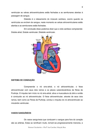 8

ventricular as valvas atrioventriculares estão fechadas e as semilunares abertas à
passagem de sangue.
                Diástole é o relaxamento do músculo cardíaco, ocorre quando os
ventrículos se enchem de sangue, neste momento as valvas atrioventriculares estão
abertas e as semilunares estão fechadas.
                Em conclusão disso podemos dizer que o ciclo cardíaco compreende:
Sístole atrial, Sístole ventricular, Diástole ventricular.




SISTEMA DE CONDUÇÃO:


                Compreende o nó sino-atrial, o nó atrioventricular, o feixe
atrioventricular com seus dois ramos e os plexos subendocárdicos de fibras de
Purkinje. O impulso tem início no nó sino-atrial, ativa a musculatura do átrio e então
é conduzido ao nó atrioventricular. O feixe atrioventricular, através de seus dois
ramos, bem como as Fibras de Purkinje, conduz o impulso do nó atrioventricular ao
miocárdio ventricular.




VASOS SANGUÍNEOS


                Os vasos sanguíneos que conduzem o sangue para fora do coração
são as artérias. Estas se ramificam muito, tornam-se progressivamente menores, e

                      Sistema Circulatório – Profª Ana Carolina Athayde Braz
 