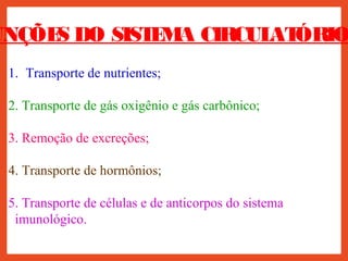 UNÇÕES DO SISTEMA CIRCULATÓRIO
1. Transporte de nutrientes;
2. Transporte de gás oxigênio e gás carbônico;
3. Remoção de excreções;
4. Transporte de hormônios;
5. Transporte de células e de anticorpos do sistema
imunológico.
 