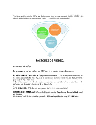 “La hipertensión arterial (HTA) se define como una presión arterial sistólica (PAS)_140
mmHg, una presión arterial diastólica (PAD) _90 mmHg .”(Portobella,2006)
EPIDEMIOLOGÍA:
En la mayoría de los países las ECV son la principal causa de muerte.
INSUFICIENCIA CARDIACA Aproximadamente un 1-2% de la población adulta de
los países desarrollados tiene IC, pero la prevalencia aumenta hasta más del 10% entre las
personas de 70 o más años.
• Entre las personas >65 años que se presentan en atención primaria con disnea de
esfuerzo, una de cada 6 tiene una IC no detectada.
.
ATEROSCLEROSIS”En España es la causa de 124000 muertes al año.”
HIPERTENSION ARTERIALEnfermedad Cardiovascular 2da. Causa de mortalidad anual
en el mundo.
Hipertensos 20% de la población general y 50% de la población entre 65 y 74 años.
FACTORES DE RIESGO.
ENFERMEDAD
VASCULAR
PERIFERICA.
ENFERMEDAD
VASCULAR
CERBRAL
ENFERMEDAD
CORONARIA.
 