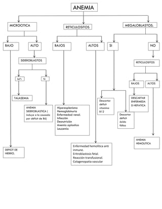 ANEMIA
MICROCITICA
BAJO ALTO
DEFICIT DE
HIERRO.
SIDEROBLASTOS
NO SI
TALASEMIA
ANEMIA
SIDEROBLASTICA (
incluye a la causada
por déficit de B6)
RETICULOSITOS
BAJOS ALTOS
Hiperesplenismo
Hemoglobinuria
Enfermedad renal.
Infección
Desnutrición
Anemia aplastica
Leucemia
Enfermedad hemolítica anti
inmune.
Eritroblastosis fetal.
Reacción transfusional.
Colagenopatia vascular
MEGALOBLASTOS.
SI
Descartar
déficit
vitamina
B12
Descartar
déficit
ácido
fólico
NO
RETICULOSITOS
BAJOS ALTOS
DESCARTAR
ENFERMEDA
D HEPATICA
ANEMIA
HEMOLITICA
 