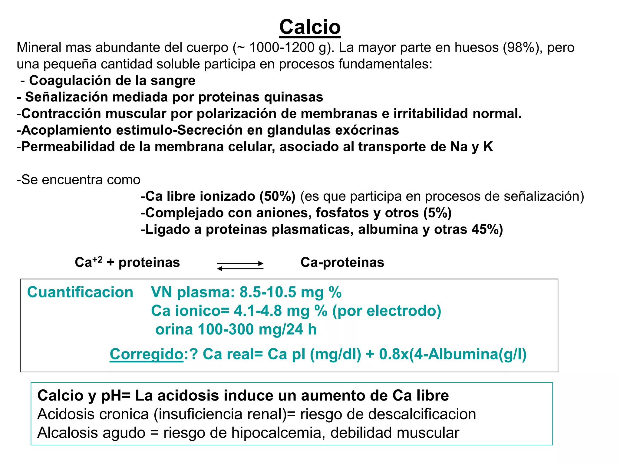 Calcio
Mineral mas abundante del cuerpo (~ 1000-1200 g). La mayor parte en huesos (98%), pero
una pequeña cantidad soluble participa en procesos fundamentales:
- Coagulación de la sangre
- Señalización mediada por proteinas quinasas
-Contracción muscular por polarización de membranas e irritabilidad normal.
-Acoplamiento estimulo-Secreción en glandulas exócrinas
-Permeabilidad de la membrana celular, asociado al transporte de Na y K
-Se encuentra como
-Ca libre ionizado (50%) (es que participa en procesos de señalización)
-Complejado con aniones, fosfatos y otros (5%)
-Ligado a proteinas plasmaticas, albumina y otras 45%)
Ca+2 + proteinas Ca-proteinas
VN plasma: 8.5-10.5 mg %
Ca ionico= 4.1-4.8 mg % (por electrodo)
orina 100-300 mg/24 h
Cuantificacion
Corregido:? Ca real= Ca pl (mg/dl) + 0.8x(4-Albumina(g/l)
Calcio y pH= La acidosis induce un aumento de Ca libre
Acidosis cronica (insuficiencia renal)= riesgo de descalcificacion
Alcalosis agudo = riesgo de hipocalcemia, debilidad muscular
 