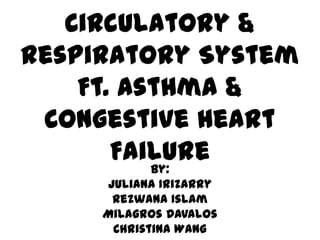 Circulatory &
Respiratory System
    Ft. Asthma &
 Congestive Heart
       Failure
          By:
     Juliana Irizarry
      Rezwana Islam
     Milagros Davalos
      Christina Wang
 