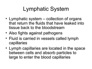 Lymphatic System
• Lymphatic system – collection of organs
that return the fluids that have leaked into
tissue back to the bloodstream
• Also fights against pathogens
• Fluid is carried in vessels called lymph
capillaries
• Lymph capillaries are located in the space
between cells and absorb particles to
large to enter the blood capillaries
 