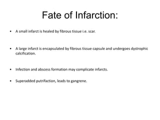 Fate of Infarction:
• A small infarct is healed by fibrous tissue i.e. scar.
• A large infarct is encapsulated by fibrous tissue capsule and undergoes dystrophic
calcification.
• Infection and abscess formation may complicate infarcts.
• Superadded putrifaction, leads to gangrene.
 