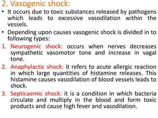 2. Vasogenic shock:It occurs due to toxic substances released by pathogens which leads to excessive vasodilation within the vessels.Depending upon causes vasogenic shock is divided in to following types:Neurogenic shock: occurs when nerves decreases sympathetic vasomotor tone and increase in vagal tone.Anaphylactic shock: it refers to acute allergic reaction in which large quantities of histamine releases. This histamine causes vasodilation of blood vessels leads to shock.Septicaemic shock: it is a condition in which bacteria circulate and multiply in the blood and form toxic products and cause high fever and vasodilation.
