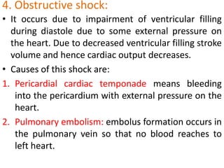 4. Obstructive shock:It occurs due to impairment of ventricular filling during diastole due to some external pressure on the heart. Due to decreased ventricular filling stroke volume and hence cardiac output decreases.Causes of this shock are:Pericardial cardiac temponade means bleeding into the pericardium with external pressure on the heart.Pulmonary embolism: embolus formation occurs in the pulmonary vein so that no blood reaches to left heart.