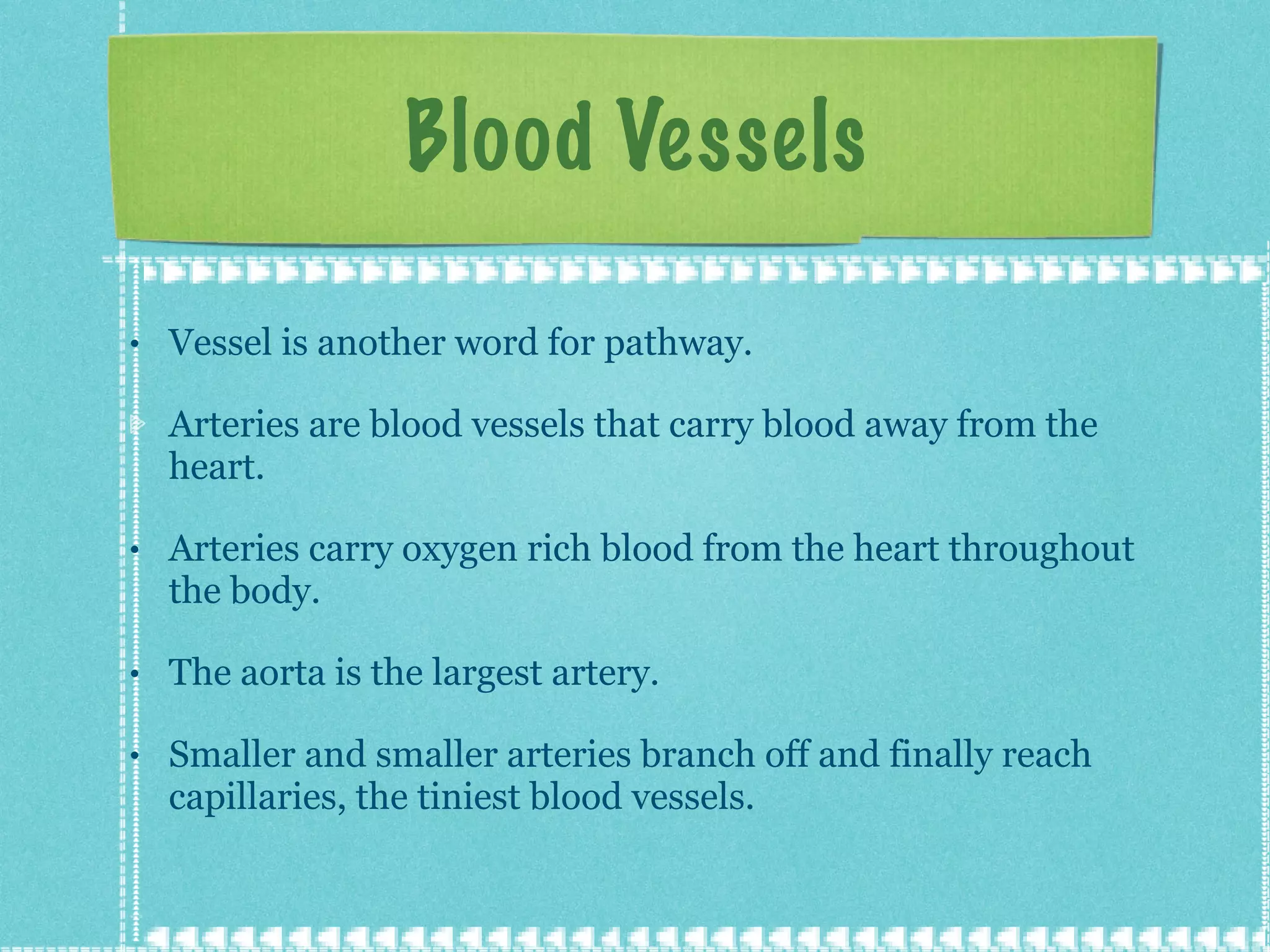 Blood Vessels Vessel is another word for pathway.  Arteries are blood vessels that carry blood away from the heart. Arteries carry oxygen rich blood from the heart throughout the body. The aorta is the largest artery. Smaller and smaller arteries branch off and finally reach capillaries, the tiniest blood vessels. 